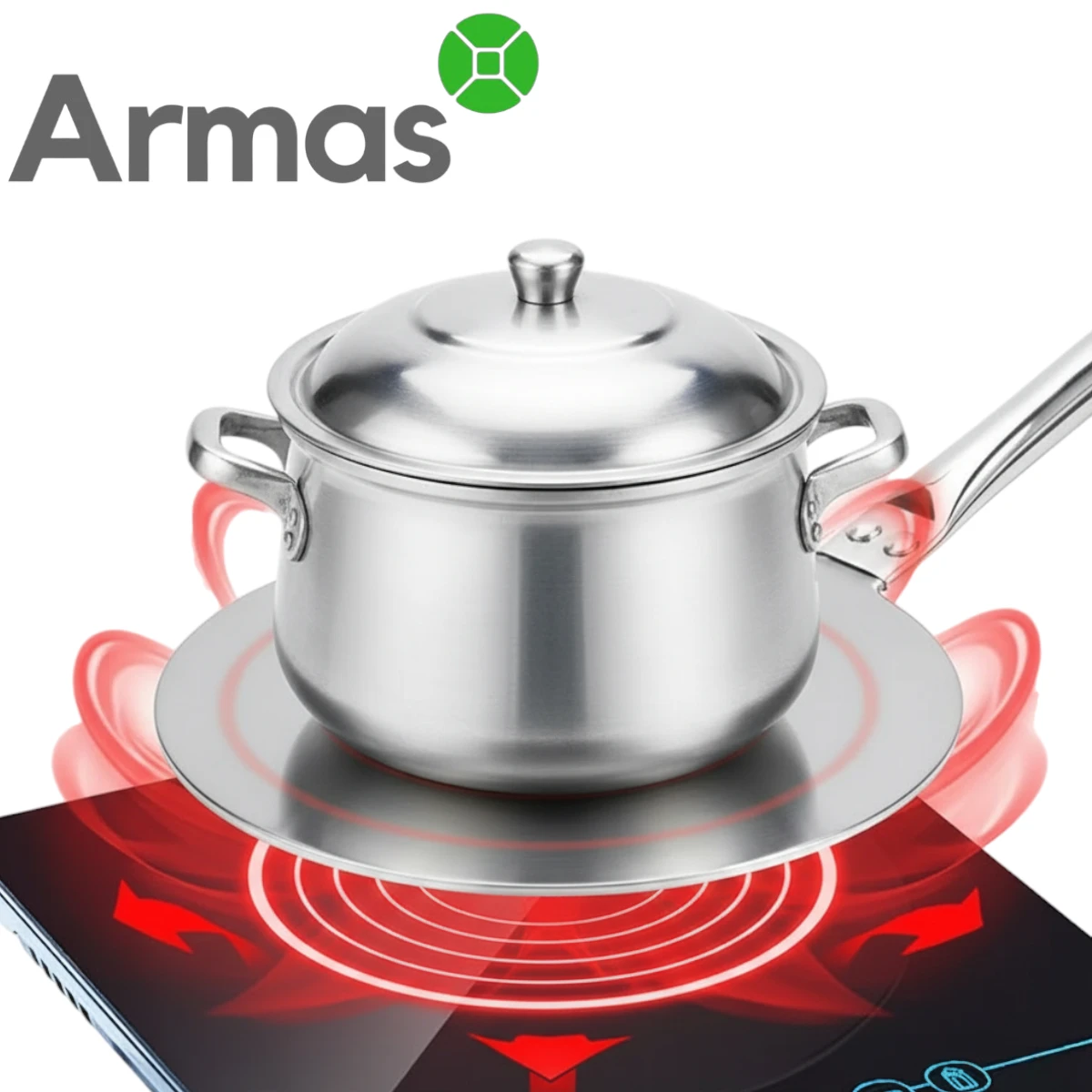 Indukcijas adapteris 20 cm darbībā ar katlu uz indukcijas plīts, vienmērīga siltuma sadale