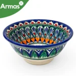 Uzbek National Piala 18 cm - Blue Green Botanical Ornament with Orange and Red Accents