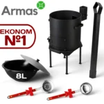 KOMPLEKTS EKONOM №1 – Krāsns kazanam 8–12L ar skursteni + Uzbeku kazans 8L + plova karote + zupas kauss