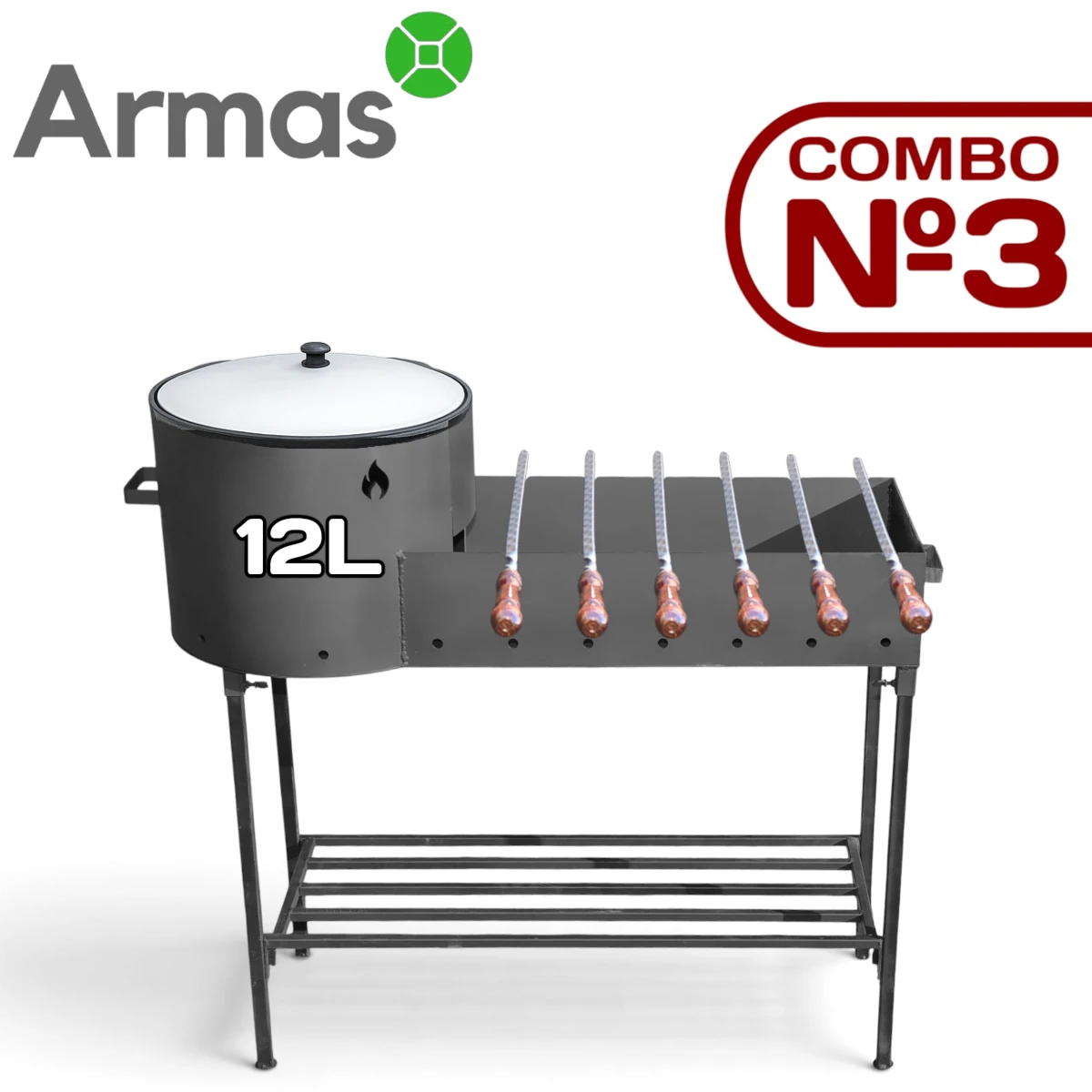 8380 (1) KOMPLEKTS COMBO №3 – Mangals ar krāsni 40 cm ar Uzbeku čuguna kazanu 12L + 6 iesmi