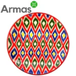 Uzbeku keramikas šķīvis ar ikata rakstu un sarkanu malu