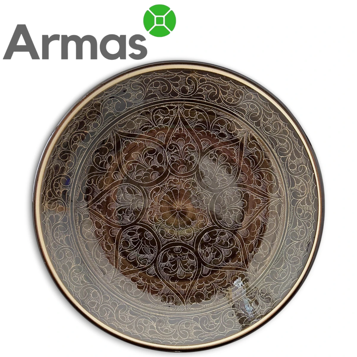 Uzbeku šķīvis Ljagan ar tumši brūnu glazūru un krēmkrāsas ornamentu