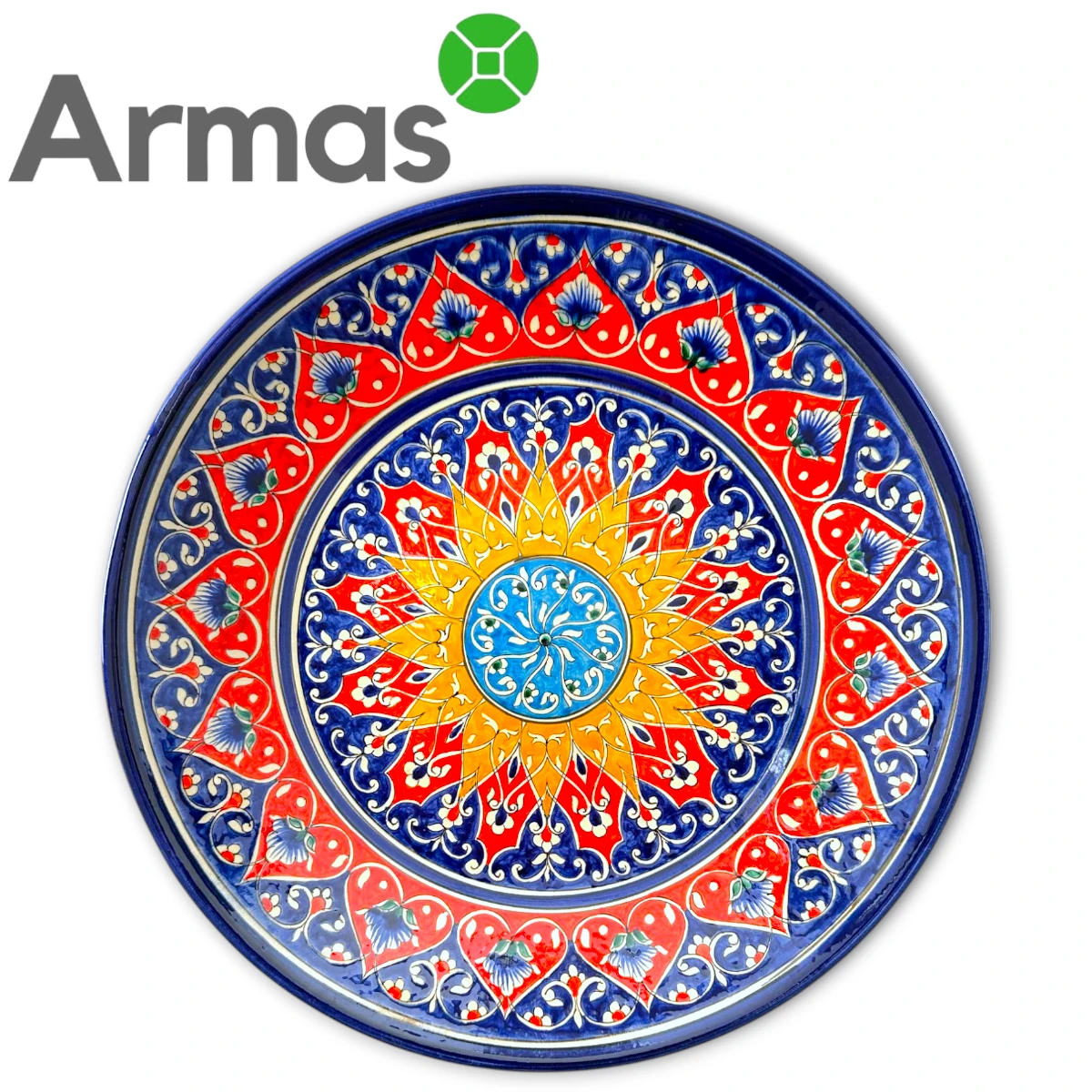 3754-17 Uzbek ceramic plate with blue, red, and orange pattern