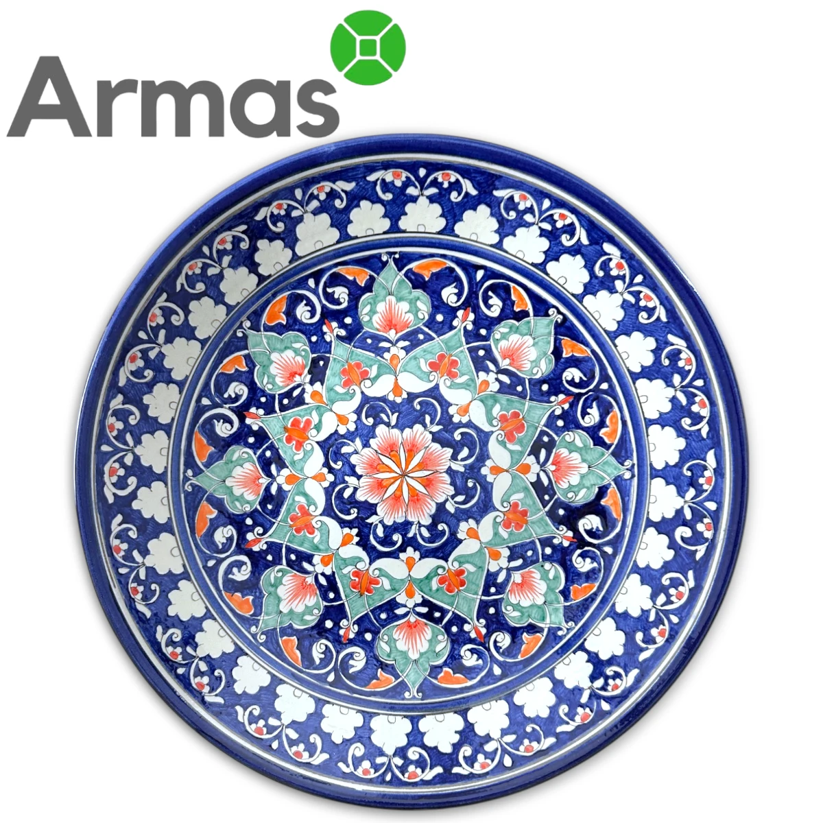 Uzbeku keramikas šķīvis ar ziedu rakstu un oranžiem akcentiem