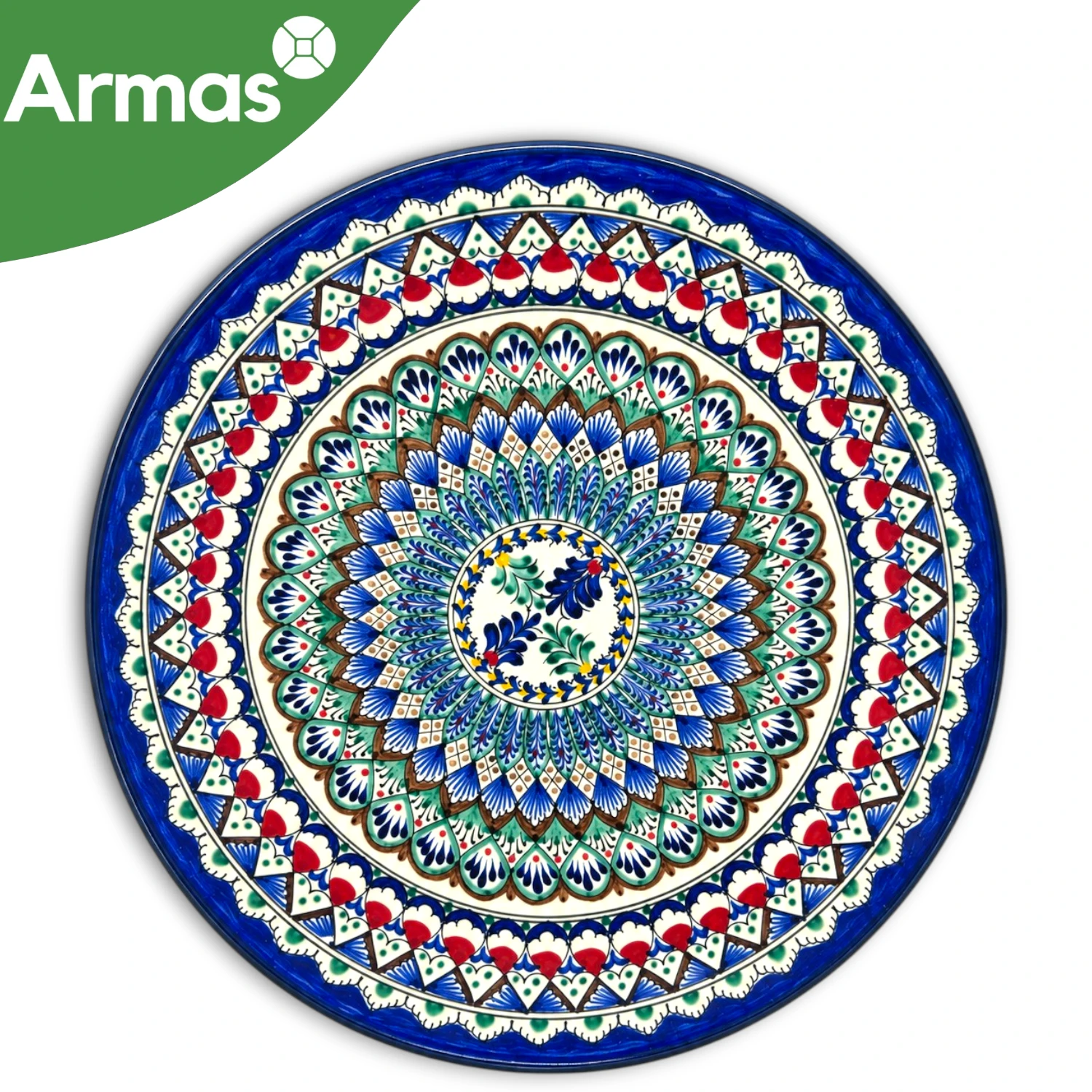 Uzbek Plov Plate Ljagan 42 cm - Blue Green Botanical Ornament with Red Accents and Central Floral Medallion