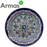 Uzbeku dekoratīvais šķīvis ar zilu un zaļu ziedu mandalu