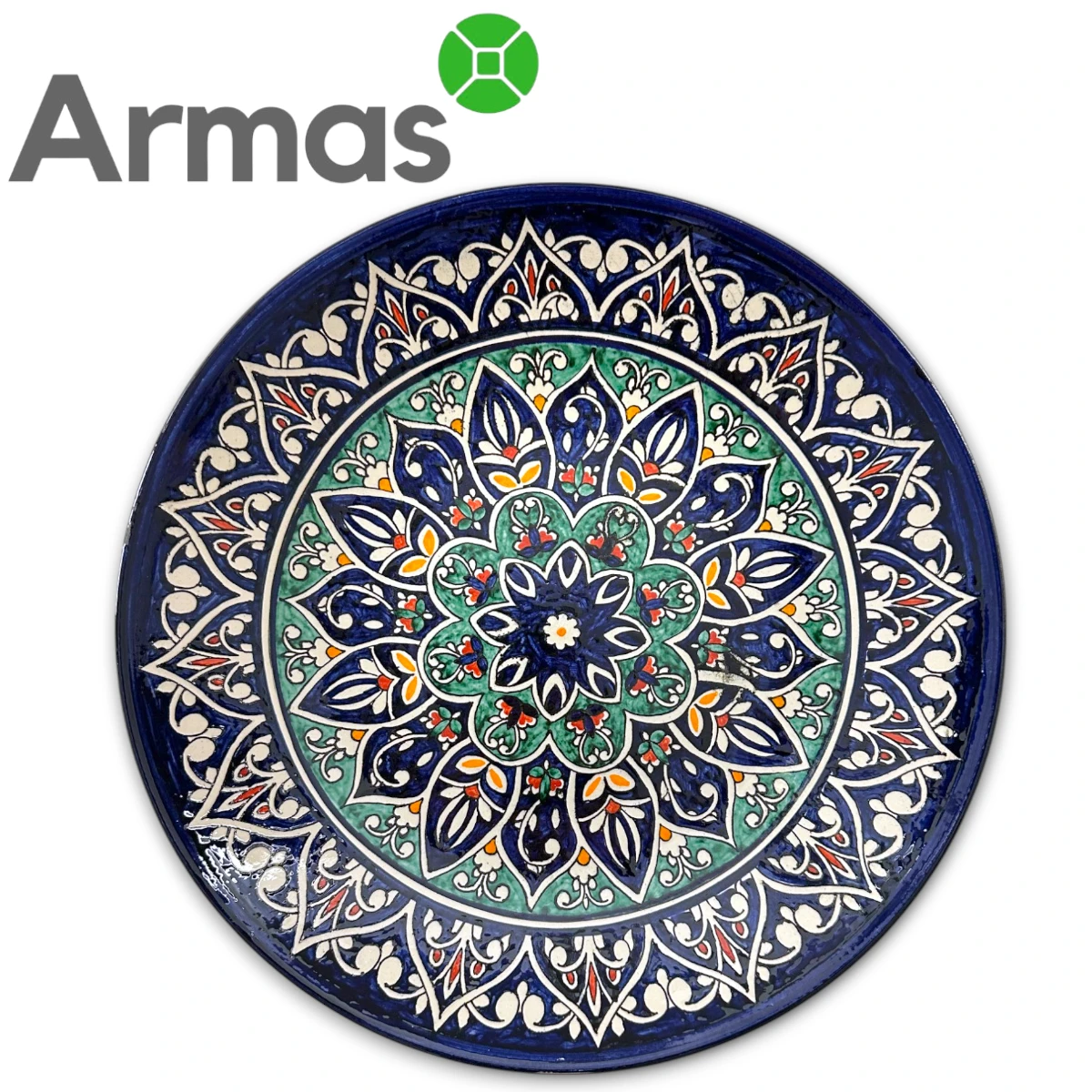 Uzbeku dekoratīvais šķīvis ar zilu un zaļu ziedu mandalu