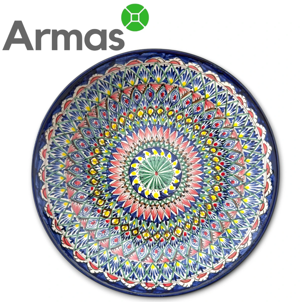 Uzbek plate with blue rim and mandala pattern