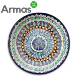 Uzbek plate with colorful floral mandala in blue, green and orange shades
