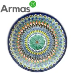 Узбекская тарелка Ляган с зелёным и жёлтым цветочным орнаментом