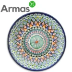 Узбекская тарелка с цветочной мандалой и зелёным центром – 42 см