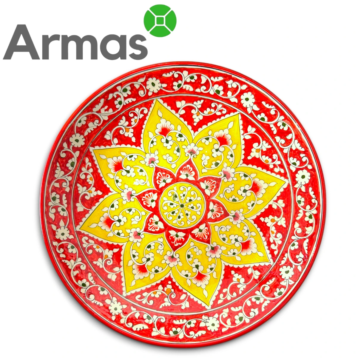 Uzbeku šķīvis ar sarkanu fonu un dzeltenu ziedu mandalu