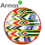 Roku darināts krāsains šķīvis ar tradicionālu ikata ornamentu