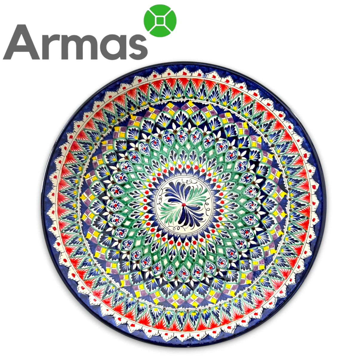 Uzbeku šķīvis ar ziedu mandalu un krāsainu ornamentu