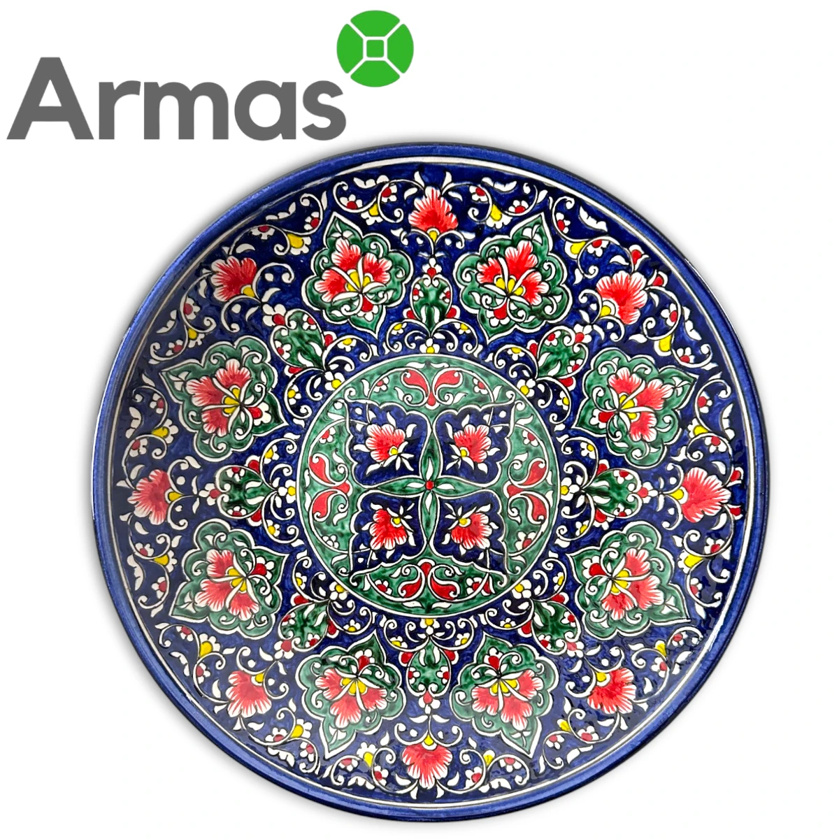 Uzbeku šķīvis ar ziedu ornamentu tumši zilā fonā