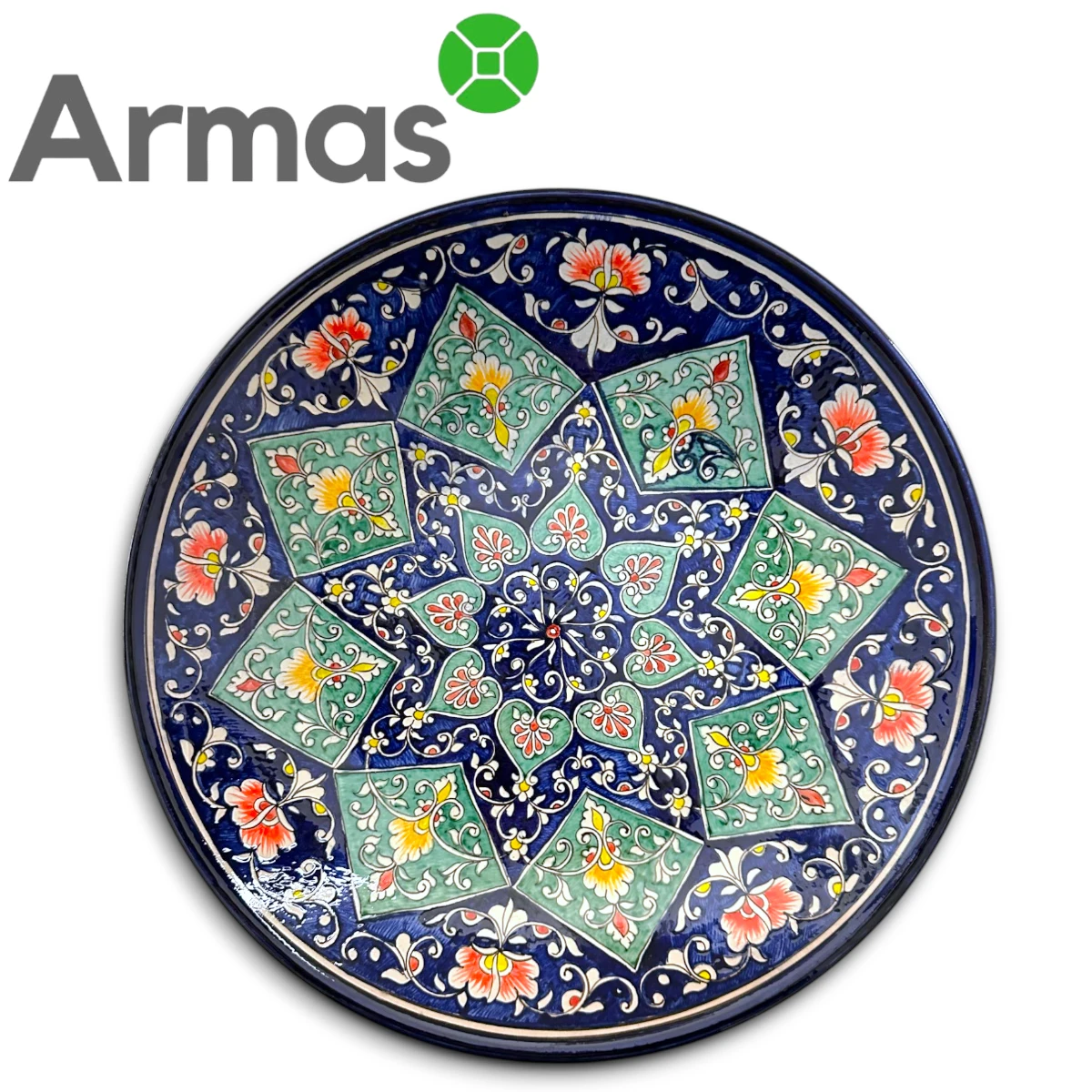 3754-44 Узбекская тарелка с синей и зелёной цветочной мандалой