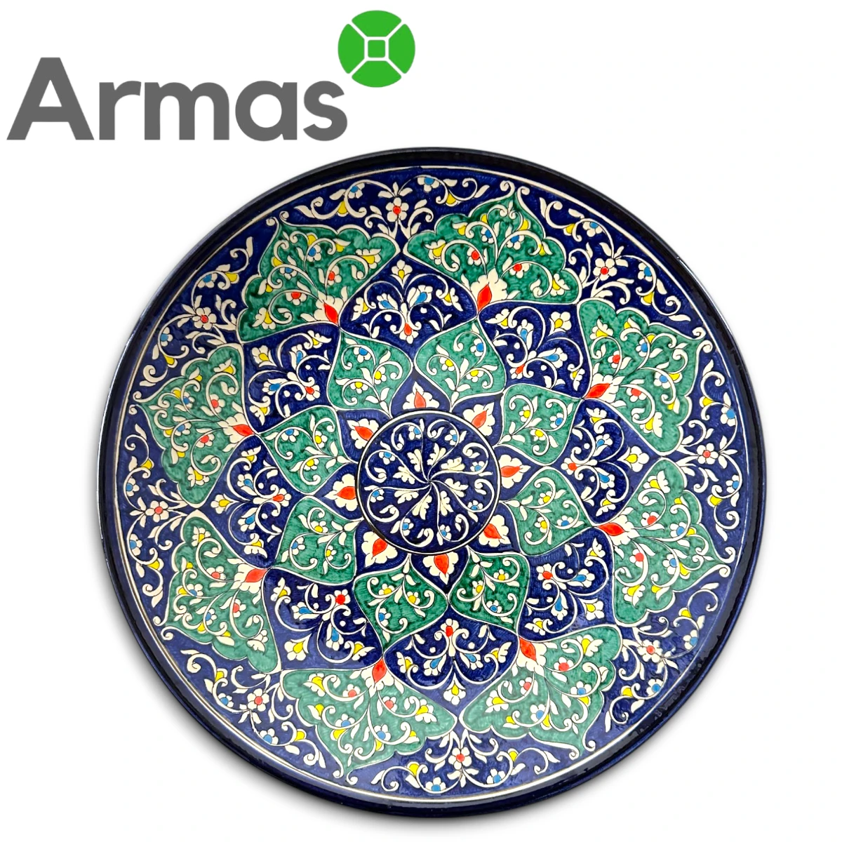 Узбекская тарелка с синей и зелёной цветочной мандалой