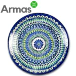 Tumši zils uzbeku šķīvis ar zaļiem un baltiem ornamentiem – 42 cm