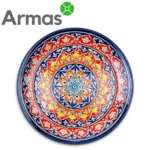 Uzbeku šķīvis plovam 38cm ar zilu un oranžu ģeometrisku ornamentu – priekšskats