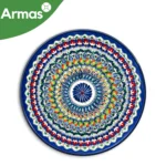 Uzbek Plov Plate Ljagan 38 cm - Blue Green Radial Ornament with Red and Orange Accents