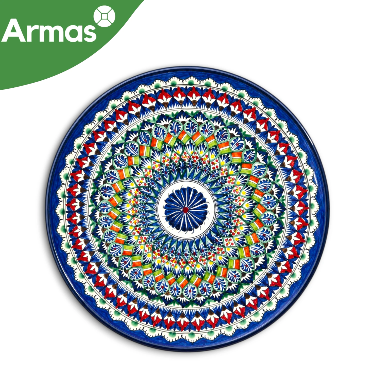Uzbek Plov Plate Ljagan 38 cm - Blue Green Radial Ornament with Red and Orange Accents