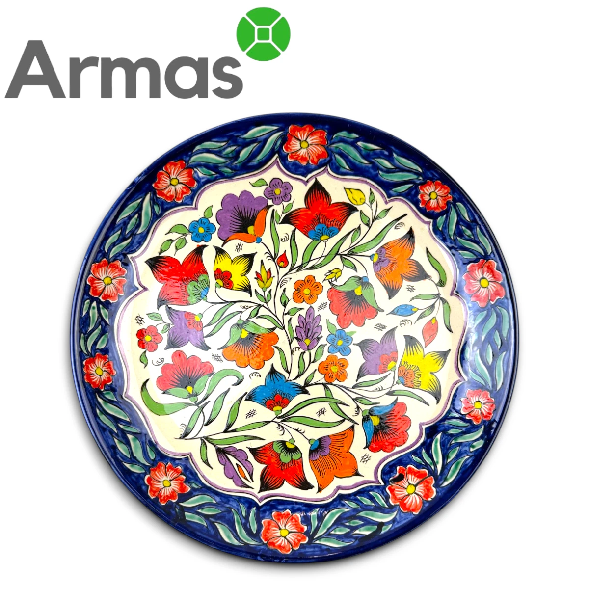 Узбекская тарелка 38см с многоцветочным цветочным орнаментом – вид спереди