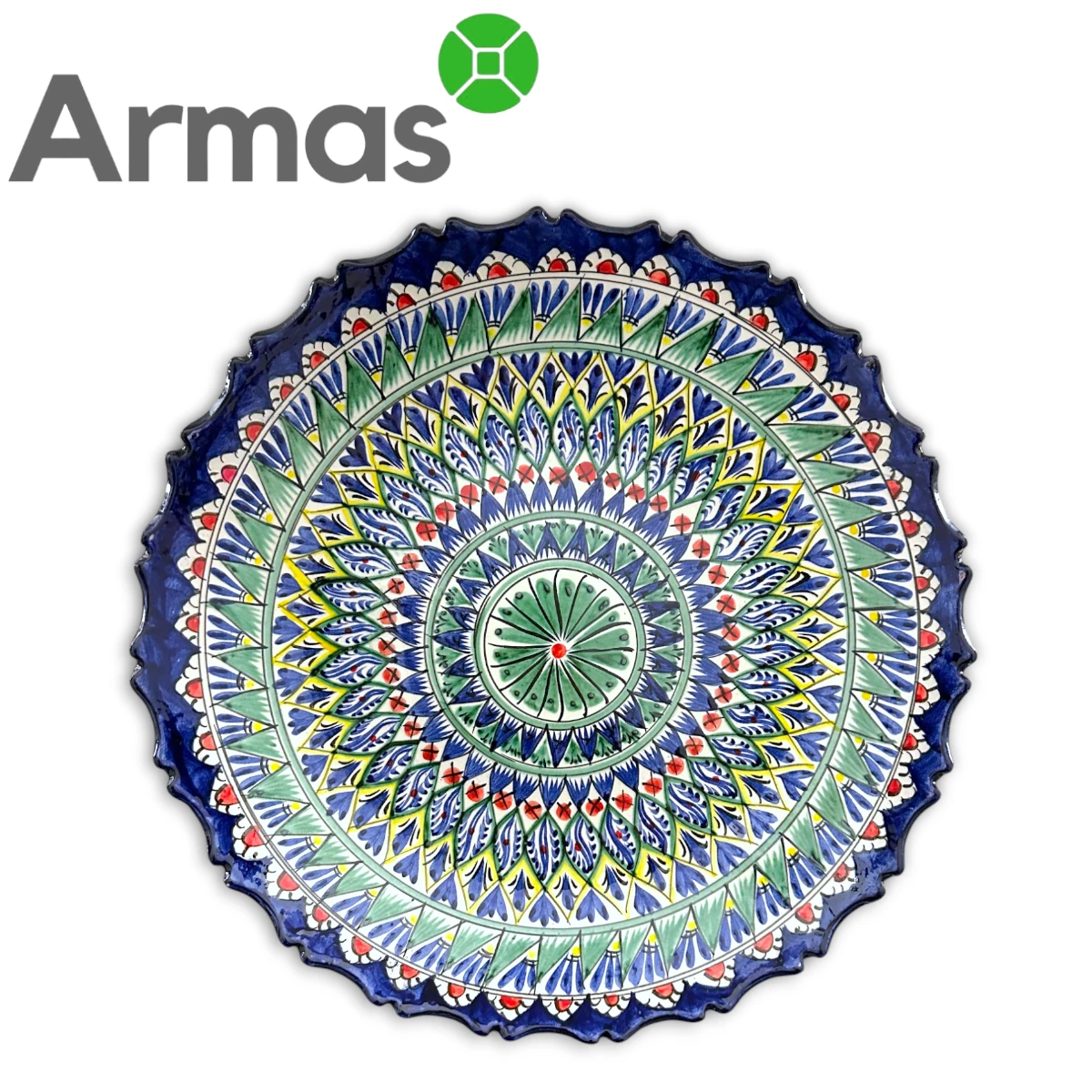 3955 Uzbeku šķīvis plovam ar grieztu malu, zils ar zaļu un dzeltenu ornamentu