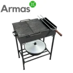 Outdoor grill with shelf for dishes and charcoal