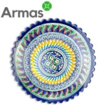 Uzbek pilaf plate Lyagan 42 cm with carved edge – dark blue with yellow-green pattern