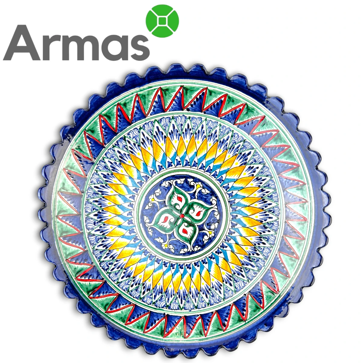 Uzbek pilaf plate Lyagan 42 cm with carved edge – dark blue with yellow-green pattern