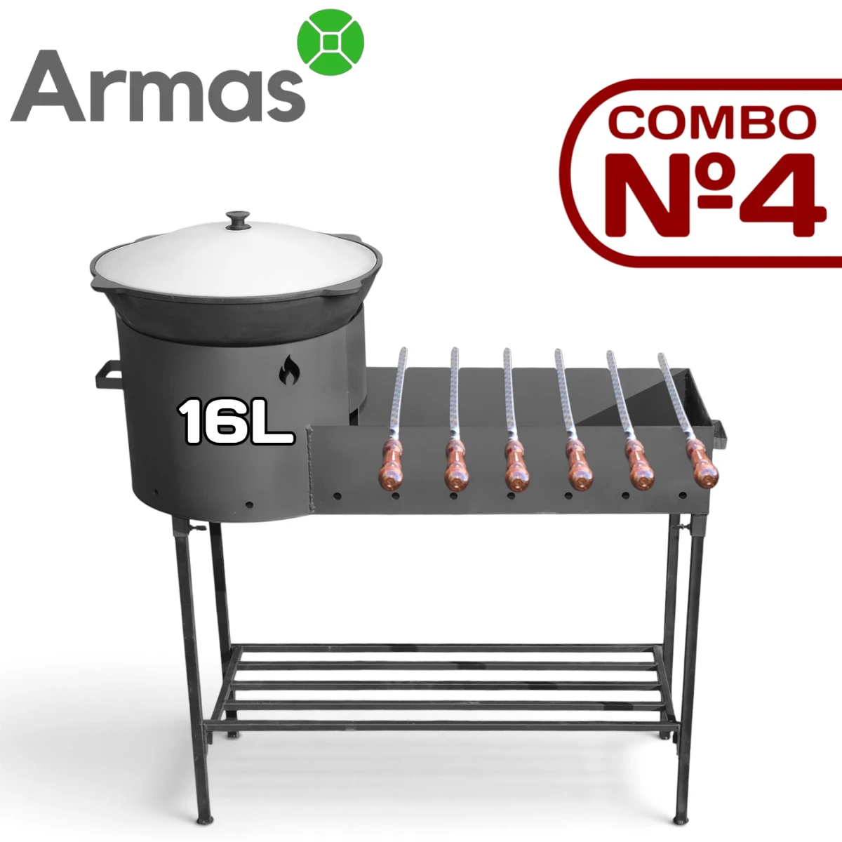 KOMPLEKTS COMBO №4 – Mangals ar krāsni 40 cm ar Uzbeku čuguna kazanu 16L + 6 iesmi