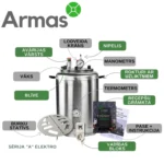 Elektriskais universālais autoklāvs UTEHO A-16E ar galveno detaļu apzīmējumiem no nerūsējošā tērauda