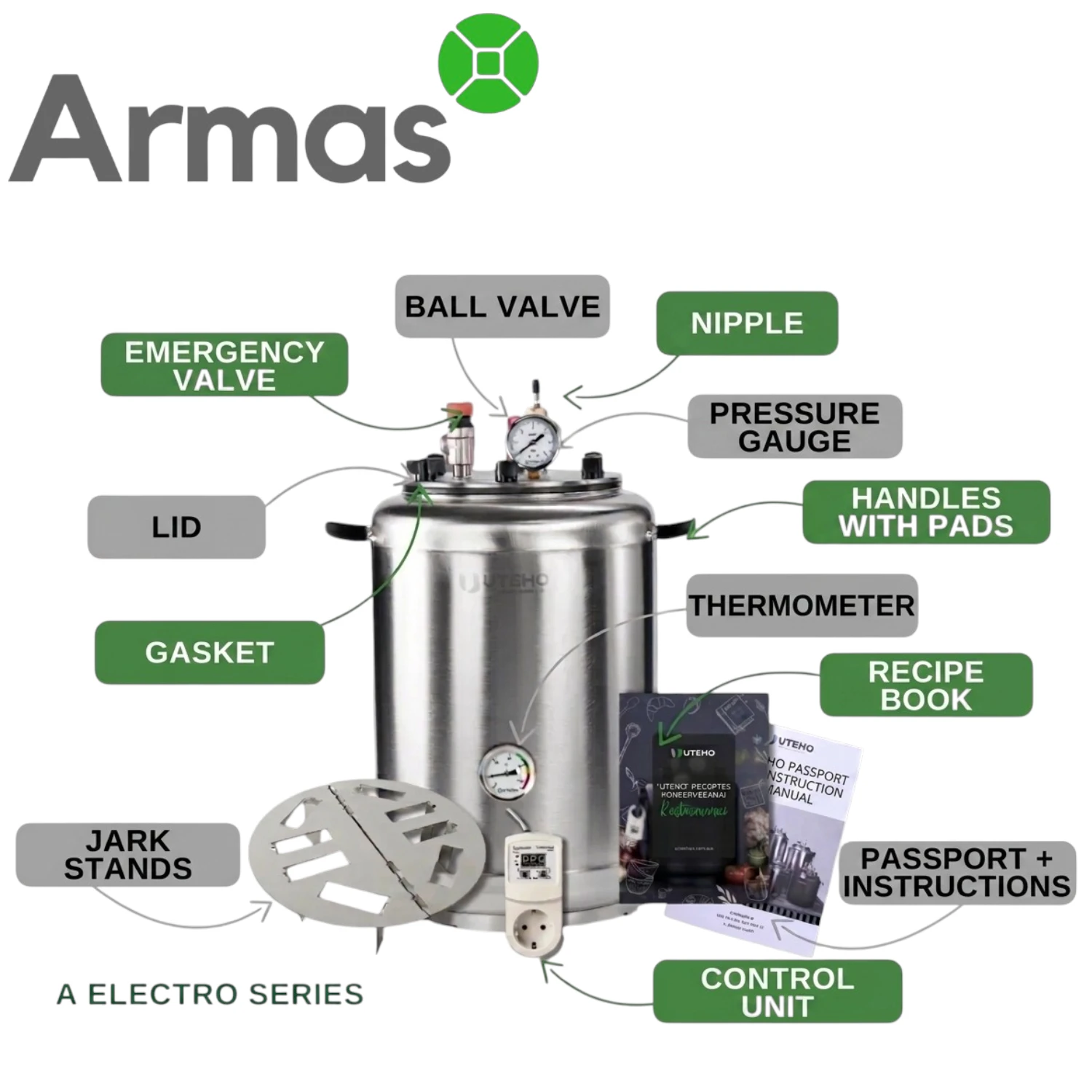Electric Universal Autoclave UTEHO A with labeled main parts