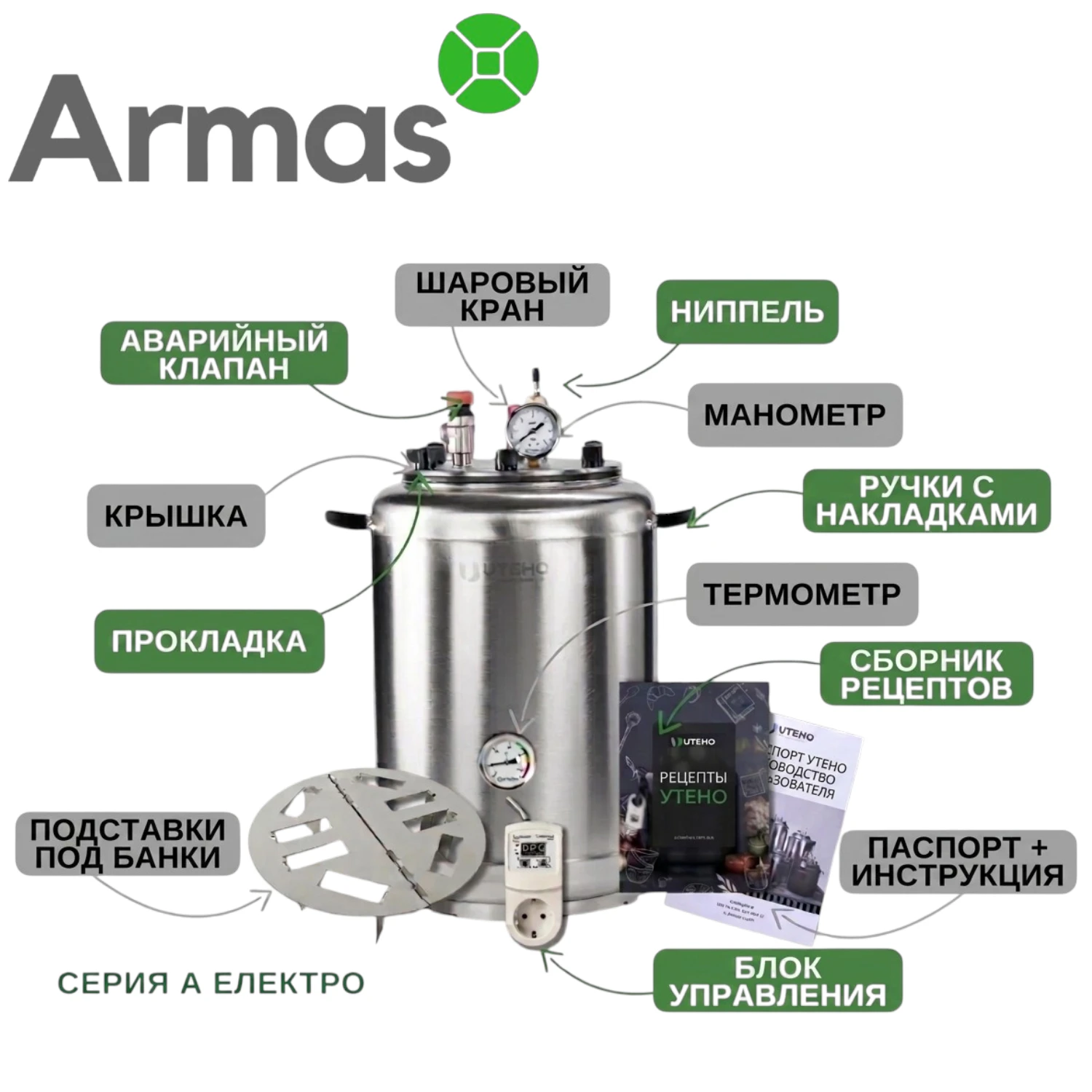 Электрический универсальный автоклав из нержавеющей стали UTEHO A с обозначением основных деталей