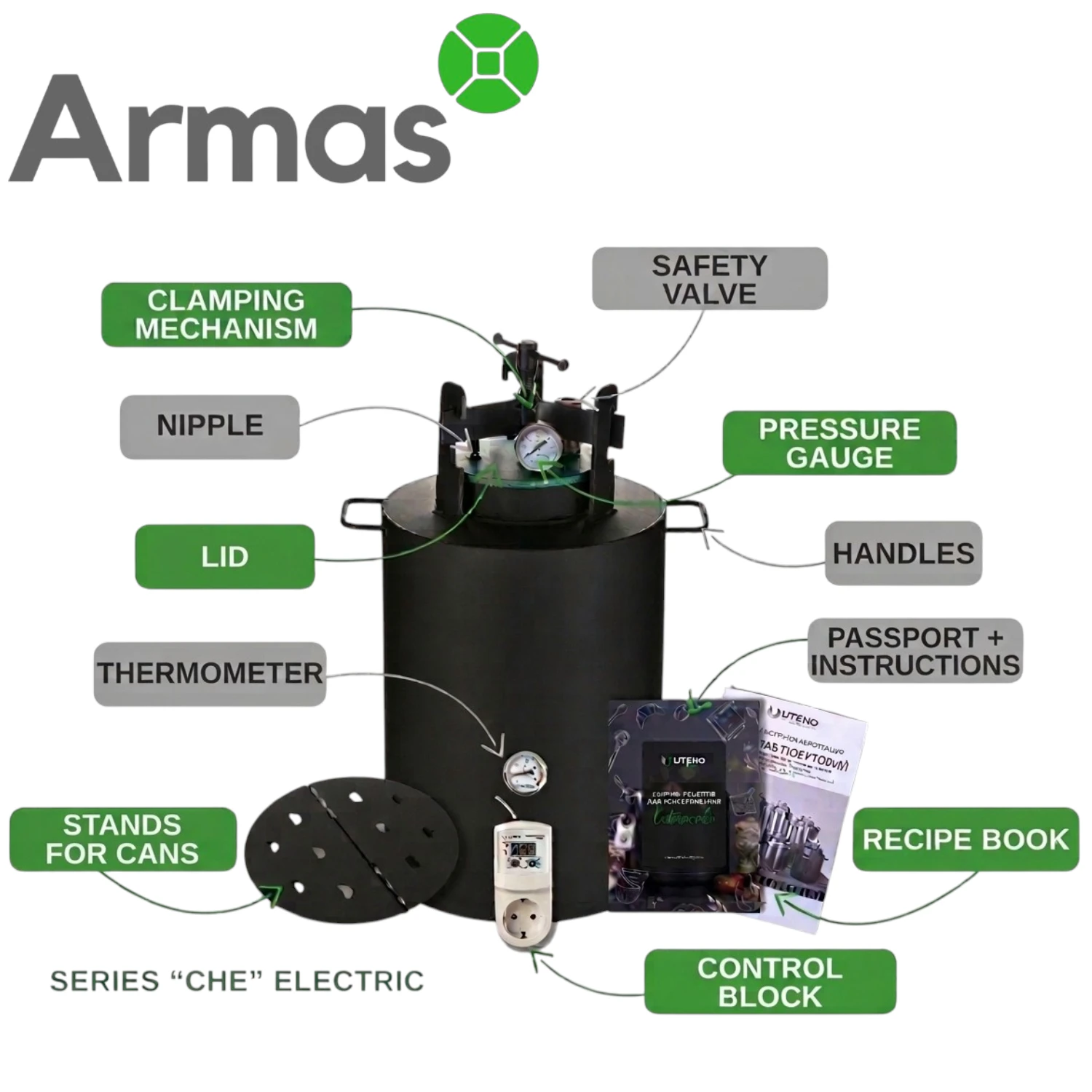 Electric Universal Autoclave UTEHO CHE-16E with labeled main parts
