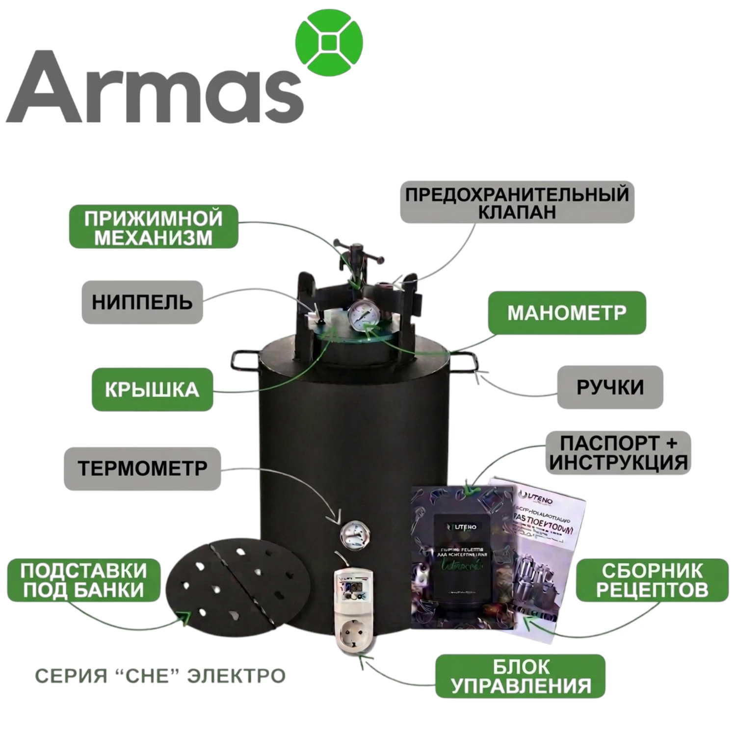 Электрический универсальный автоклав UTEHO CHE-16E с обозначением основных деталей