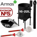 KOMPLEKTS EKONOM №5 (Krāsns 16-22L kazanam ar skursteni + uzbeku kazans 22L + plova karote 64cm + zupas kauss 64cm)