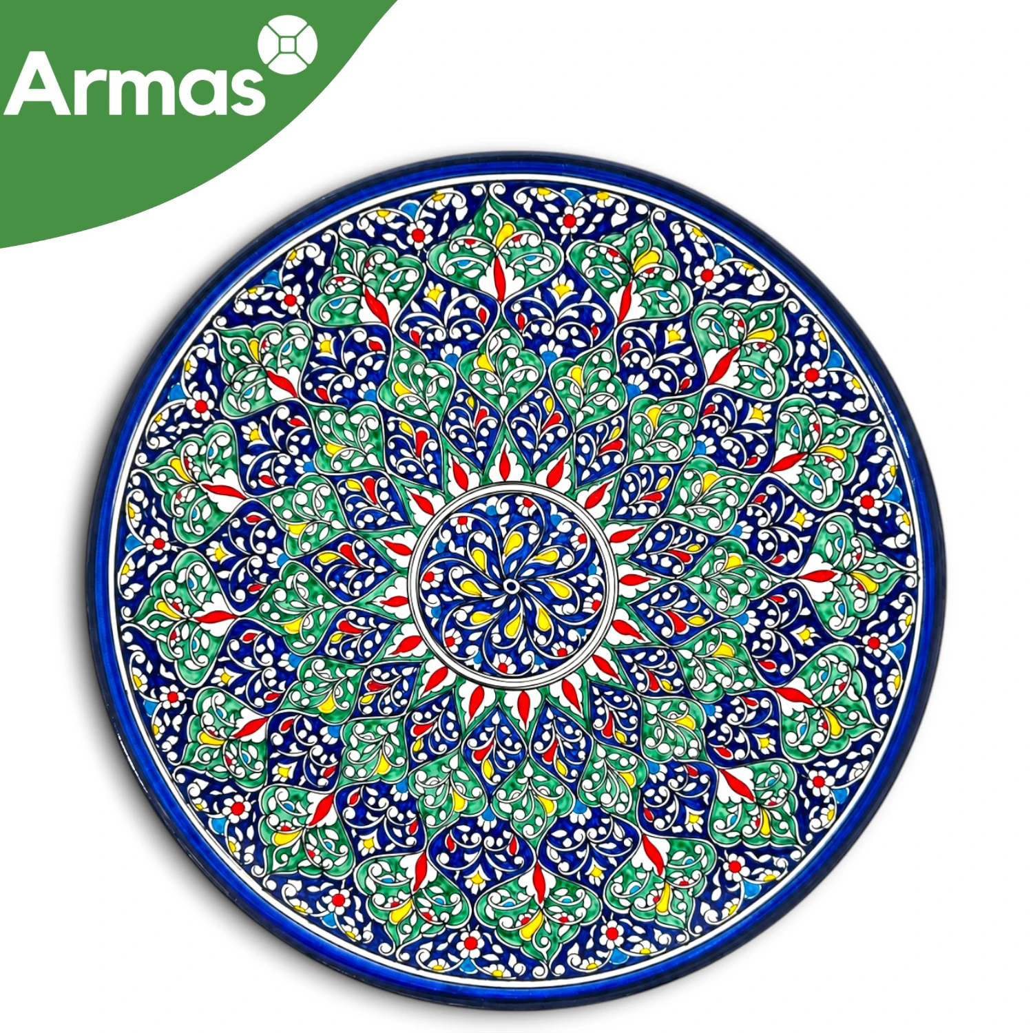Uzbek Plov Plate Ljagan 42 cm - Blue Green Floral Ornament