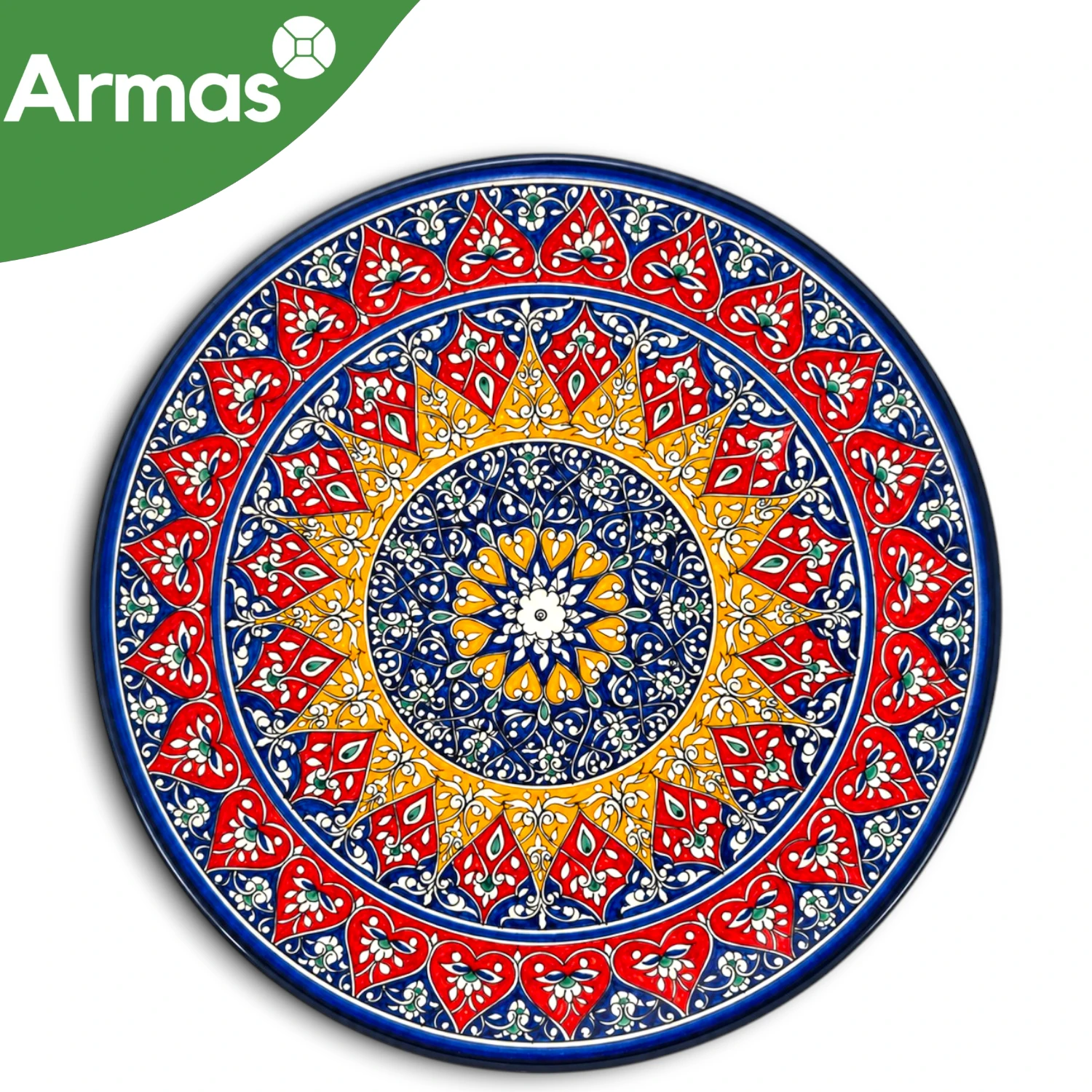 Uzbek Plov Plate Ljagan 42 cm - Red and Golden Yellow Radial Ornament on Deep Blue Background