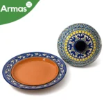 Uzbek Plov Plate Ljagan with Lid 42 cm - Blue Green Floral Ornament with Yellow Accents - Image 2