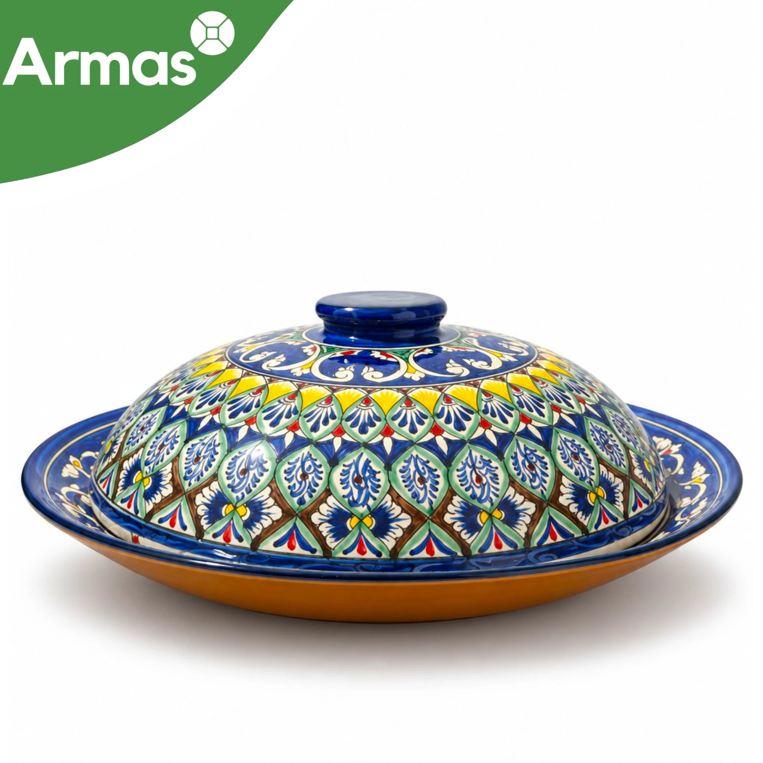 Uzbek Plov Plate Ljagan with Lid 42 cm - Blue Green Floral Ornament with Yellow Accents